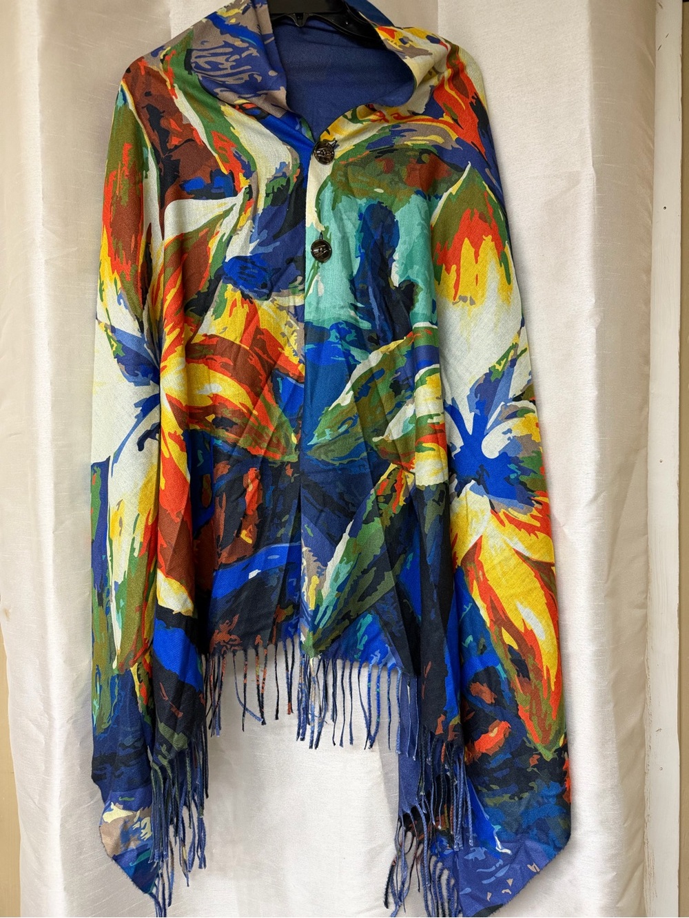 NWT Blue Multicolor Abstract Floral Fringe Shawl